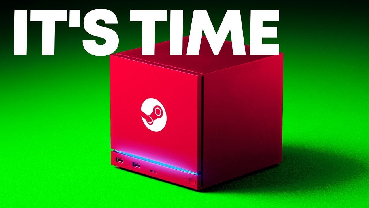 Valve Steam Machine console resting on a gaming desk
