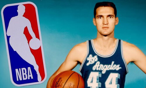 Jerry West of the Los Angeles Lakers, 1960s with NBA logo inset