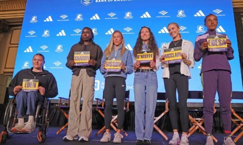 Boston Marathon pro/elite women's runners who attended a press conference on Friday at the Fairmont Copley Plaza Hotel (from left) Eden Rainbow-Cooper, Sharon Lokedi, Emily Sisson, Fiona O’Keeffe, Jess McClain, and Workenesh Edesa.