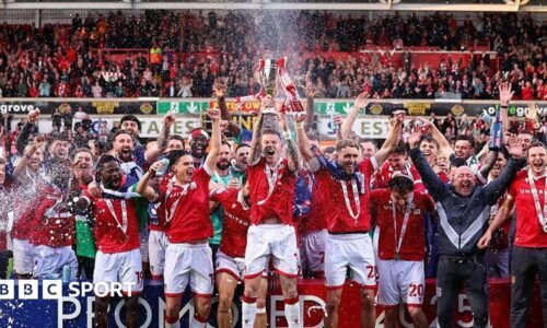 Wrexham's players celebrate promotion to the Championship in 2025