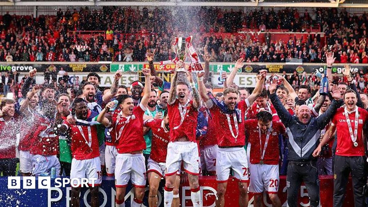 Wrexham's players celebrate promotion to the Championship in 2025