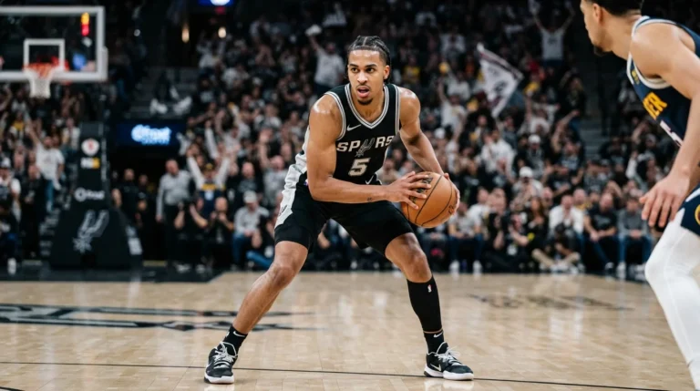 Stephon Castle em quadra nos playoffs, com uniforme do Spurs, foco intenso e bola na mão