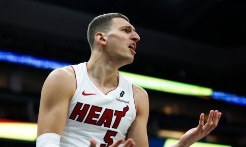 Miami Heat forward Nikola Jovic (5) reacts (Mandatory Credit: Sergio Estrada-Imagn Images)