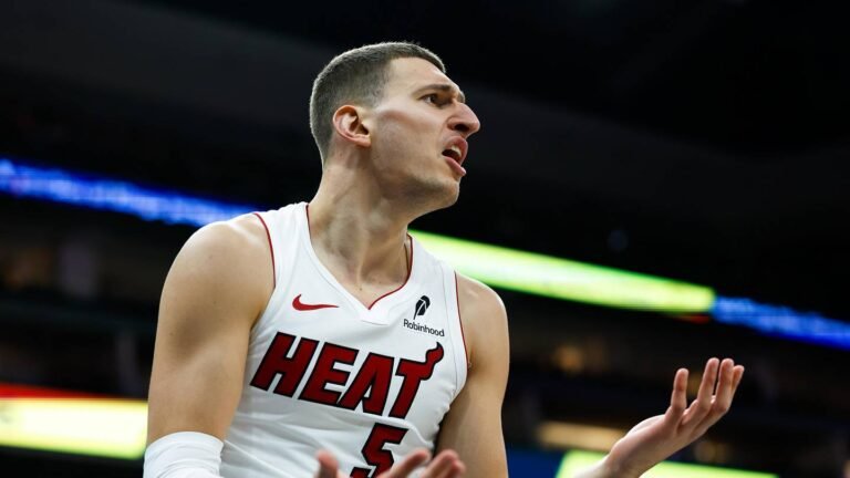 Miami Heat forward Nikola Jovic (5) reacts (Mandatory Credit: Sergio Estrada-Imagn Images)