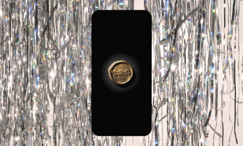 A phone screen inviting a user to "Join Us for Your Party of the Year(s)" in front of a background showing silver party streamers