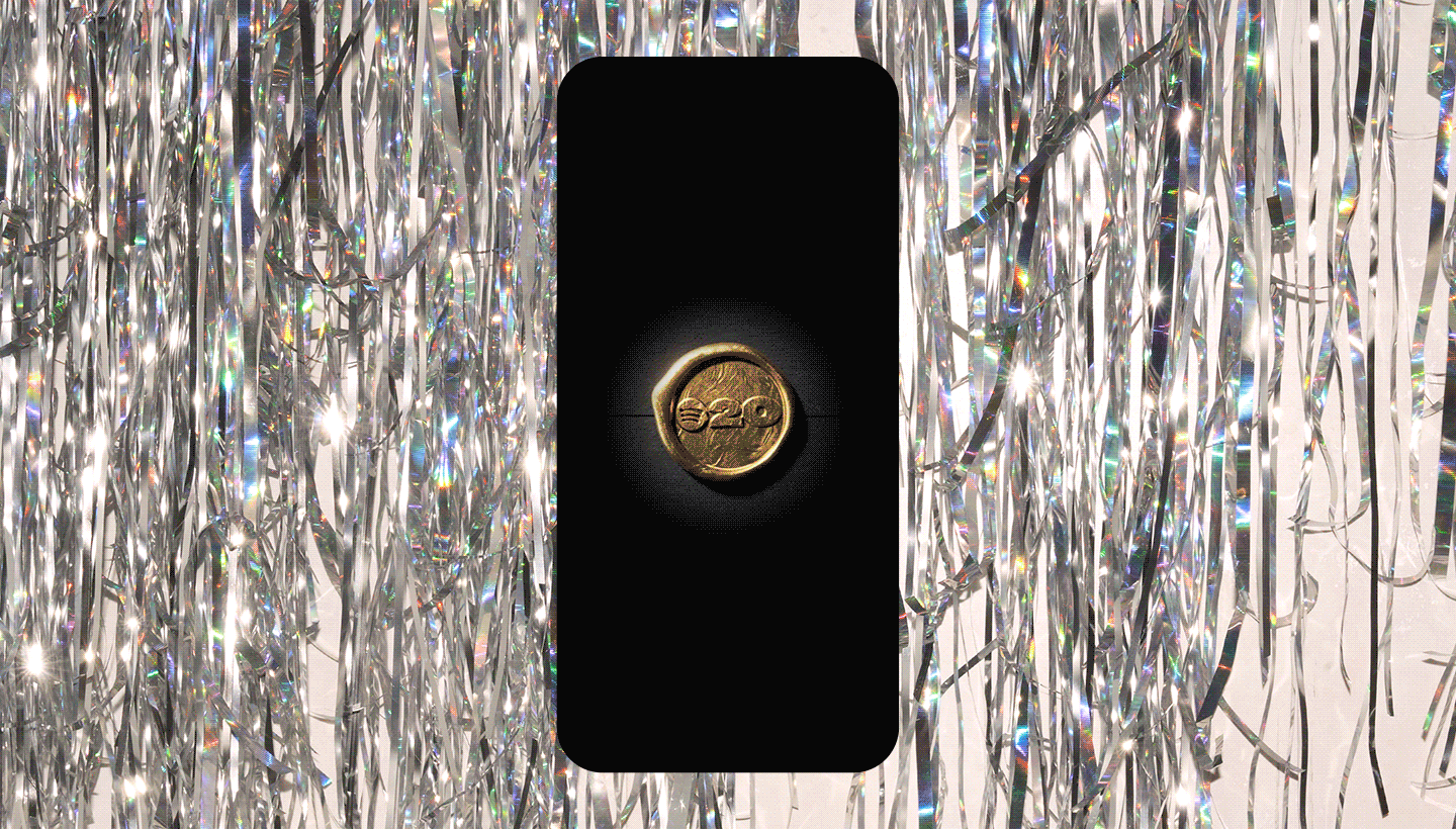 A phone screen inviting a user to "Join Us for Your Party of the Year(s)" in front of a background showing silver party streamers