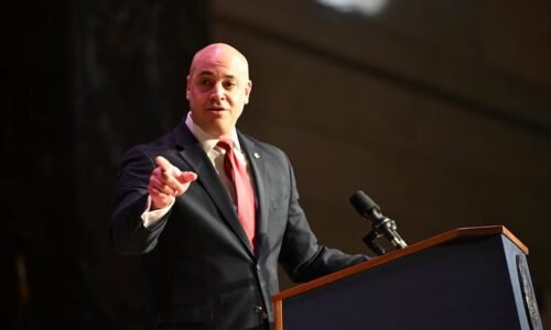 Dave Sunday gestures while speaking to the audience in the Forum Auditorium across the street from the Capitol after taking the oath of office to become Pennsylvania's next attorney general, Jan. 21, 2025, in Harrisburg, Pa. (AP Photo/Marc Levy)