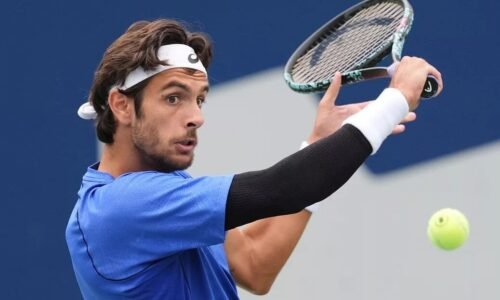 Lorenzo Musett in action ahead of the ATP Vienna Open.