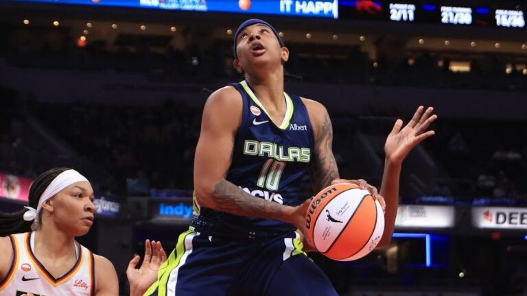 Aziaha James (10) of the Dallas Wings goes up for a shot against the Indiana Fever.