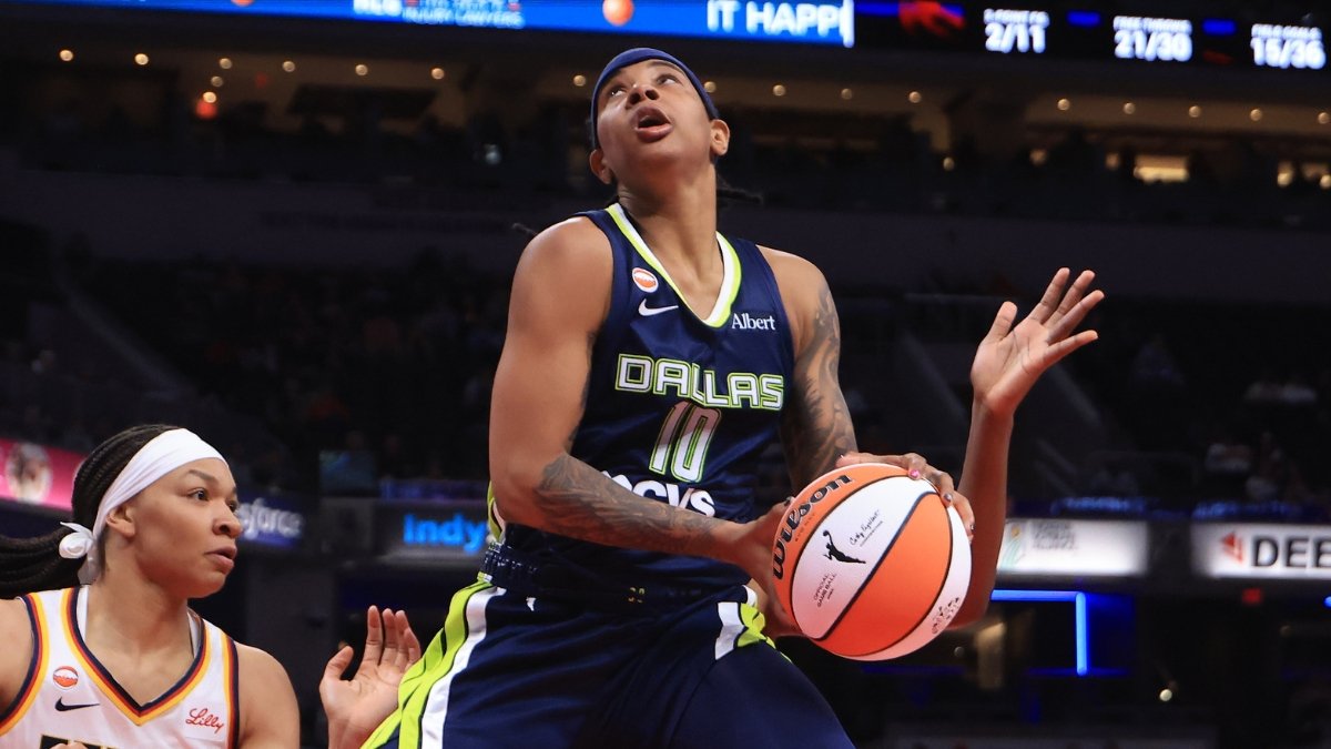 Aziaha James (10) of the Dallas Wings goes up for a shot against the Indiana Fever.