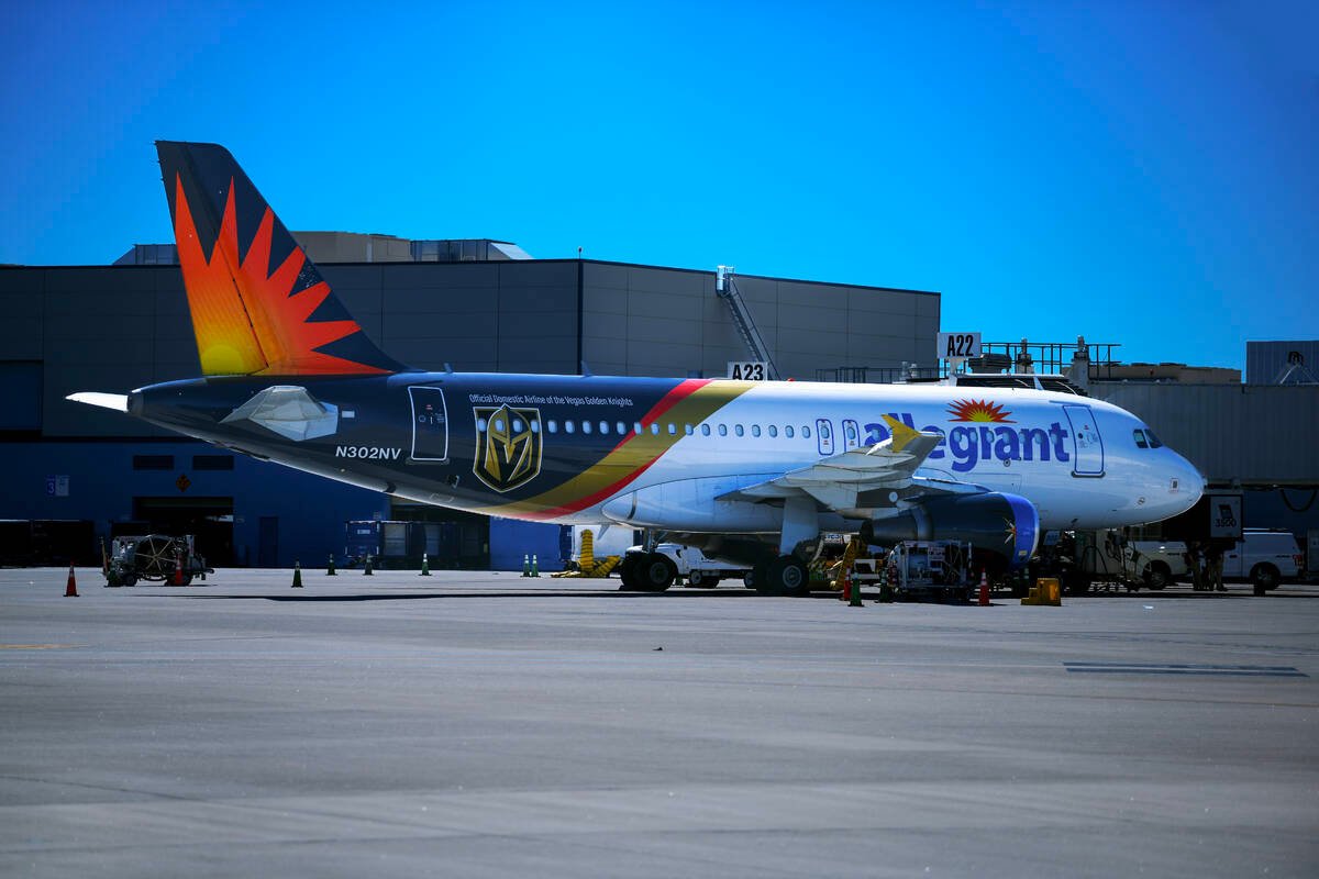 An Allegiant Air jet, in Vegas Golden Knights livery, is seen at Harry Reid International Airpo ...