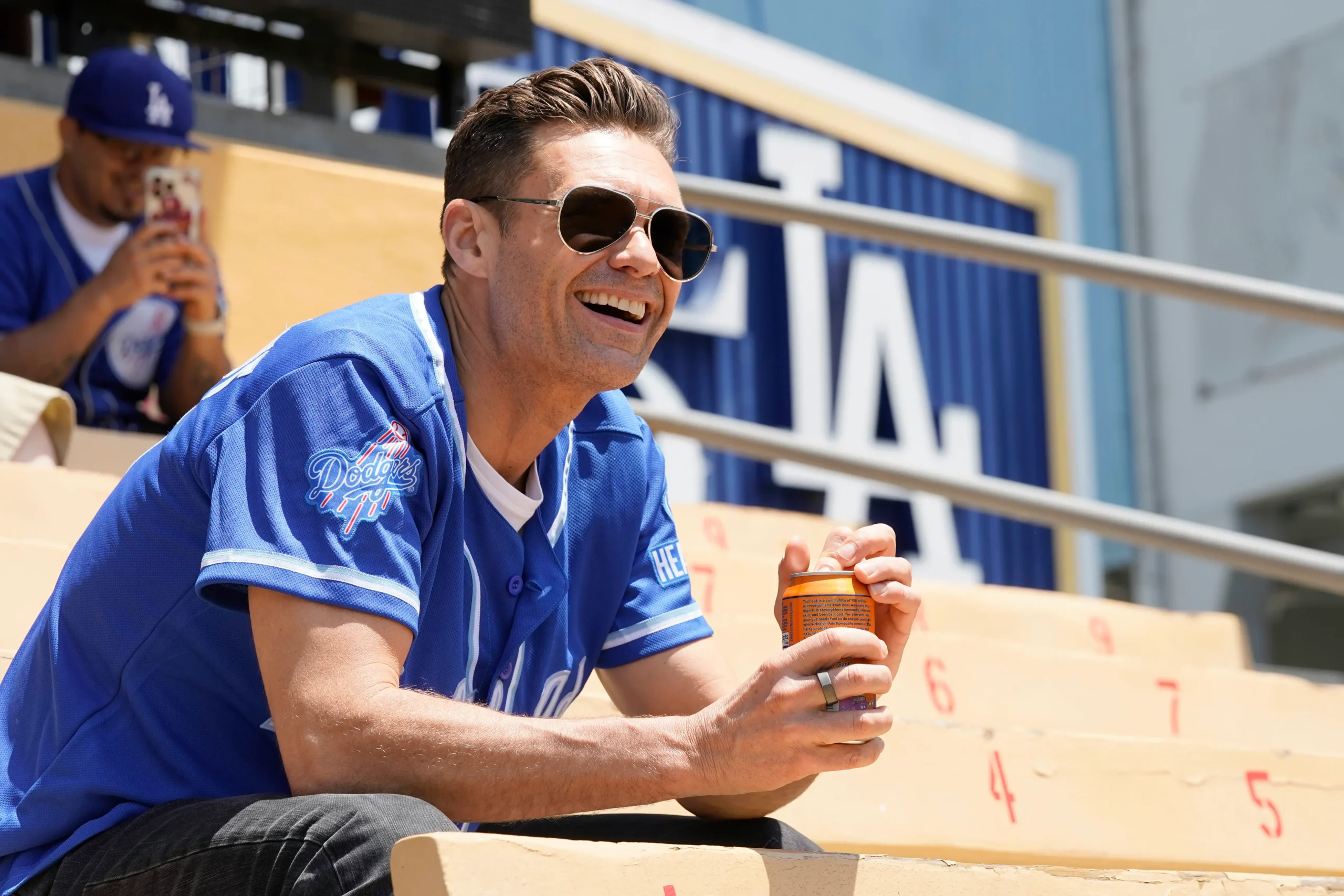American Idol host  Ryan Seacrest partners with Health-Ade to bring kombucha to LA Dodger Fans at Dodger Stadium on May 17, 2023 in Los Angeles, California. (Photo by Presley Ann/Getty Images for Health-Ade)