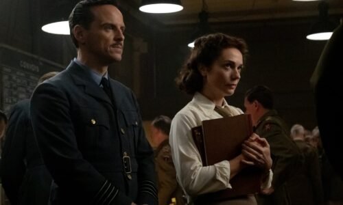 Andrew Scott as Captain James Stagg and Kerry Condon as Captain Kay Summersby in director Anthony Maras's "Pressure."