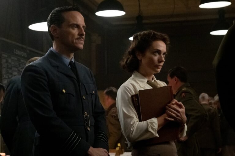 Andrew Scott as Captain James Stagg and Kerry Condon as Captain Kay Summersby in director Anthony Maras's "Pressure."