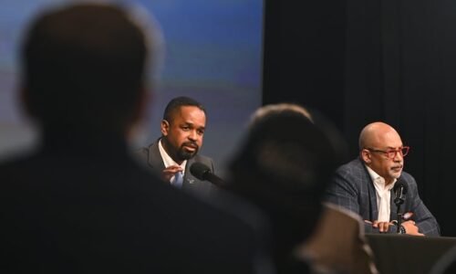 State Rep. Chris Rabb with State Sen. Sharif Street (right) at WHYY studios after their April 29 congressional debate.