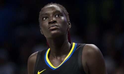 Sep 29, 2023; Arlington, Texas, USA; Dallas Wings center Awak Kuier (28) looks for the ball during the second half against the Las Vegas Aces during game three of the 2023 WNBA Playoffs at College Park Center. Mandatory Credit: Jerome Miron-Imagn Images