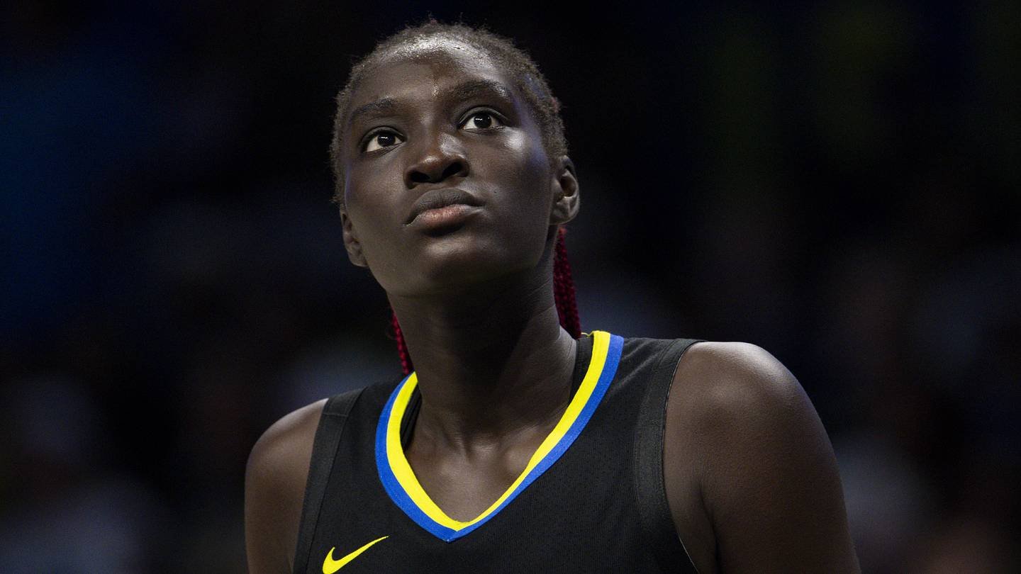 Sep 29, 2023; Arlington, Texas, USA; Dallas Wings center Awak Kuier (28) looks for the ball during the second half against the Las Vegas Aces during game three of the 2023 WNBA Playoffs at College Park Center. Mandatory Credit: Jerome Miron-Imagn Images