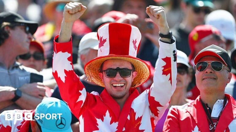 A fan in the grandstand waves his arms in the air while wearing a Canadian themed suit.