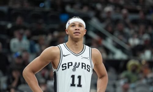 Mar 30, 2026; San Antonio, Texas, USA;  San Antonio Spurs forward Carter Bryant (11) looks up in the second half against the Chicago Bulls at Frost Bank Center. Mandatory Credit: Daniel Dunn-Imagn Images