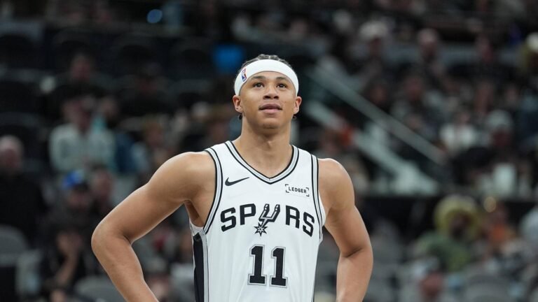 Mar 30, 2026; San Antonio, Texas, USA; San Antonio Spurs forward Carter Bryant (11) looks up in the second half against the Chicago Bulls at Frost Bank Center. Mandatory Credit: Daniel Dunn-Imagn Images