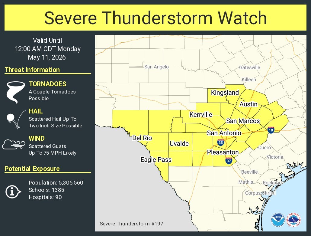 The highlighted area is under a severe thunderstorm watch until midnight Sunday night.