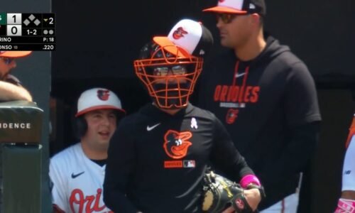Craig Albernaz, Orioles manager, wears catcher's mask, glove in dugout