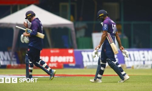Mark Watt and Safyaan Sharif walk off after Scotland were bowled out