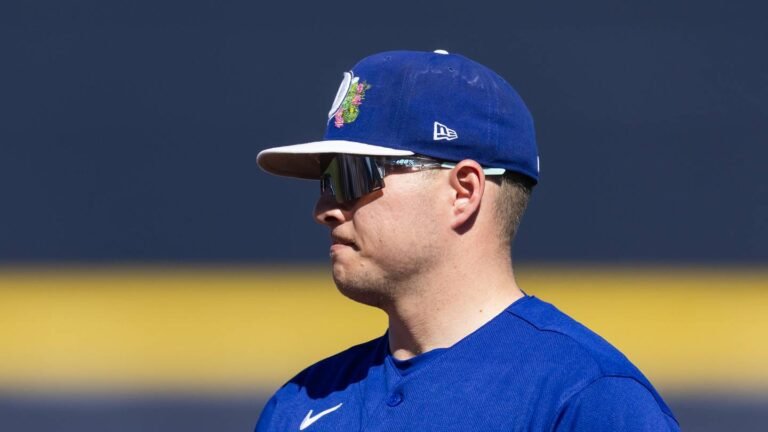 Feb 22, 2026; Peoria, Arizona, USA; Los Angeles Dodgers first baseman Ryan Ward against the San Diego Padres during a spring training game at Peoria Sports Complex. Mandatory Credit: Mark J. Rebilas-Imagn Images