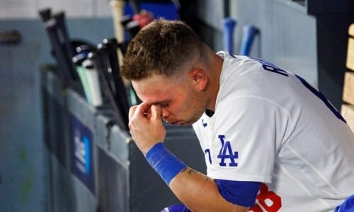 Dodgers' Dalton Rushing slams bat on his own head amid frustrating slump