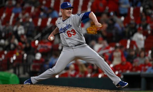 May 1, 2026; St. Louis, Missouri, USA; Los Angeles Dodgers relief pitcher Kyle Hurt (63) pitches against the St. Louis Cardinals in the eighth inning at Busch Stadium. Mandatory Credit: Joe Puetz-Imagn Images