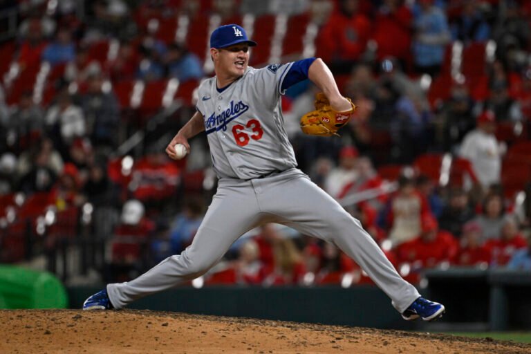 May 1, 2026; St. Louis, Missouri, USA; Los Angeles Dodgers relief pitcher Kyle Hurt (63) pitches against the St. Louis Cardinals in the eighth inning at Busch Stadium. Mandatory Credit: Joe Puetz-Imagn Images