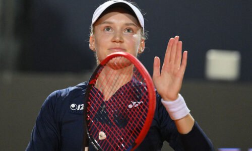 Kazakhstan's Elena Rybakina celebrates after winning against Czech Republic's Karolina Pliskova during the ATP Rome Open tennis tournament at Foro Italico in Rome on May 11, 2026. (Photo by Tiziana FABI / AFP via Getty Images)