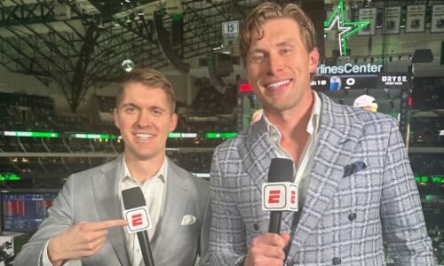 ESPN play-by-play announcer Mike Monaco and former Flyer Erik Johnson prepare for a broadcast.