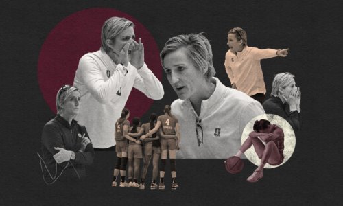 A women's basketball team huddles while a coach displays various emotions, including focus, encouragement, and distress; a player sits alone, head down.
