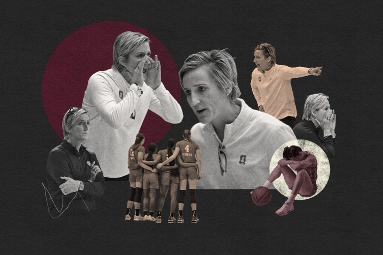 A women's basketball team huddles while a coach displays various emotions, including focus, encouragement, and distress; a player sits alone, head down.