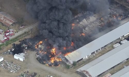 Firefighters battling 5‑acre brush and structure fire in Livermore on Tesla, Greenville roads
