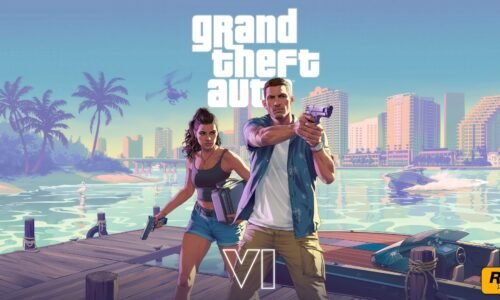 Two characters stand on a dock with guns in a tropical city setting with 'Grand Theft Auto VI' GTA 6 text above them.