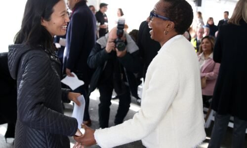 In November 2023, Mayor Michelle Wu greeted then-Harvard President Claudine Gay at a groundbreaking in Allston.