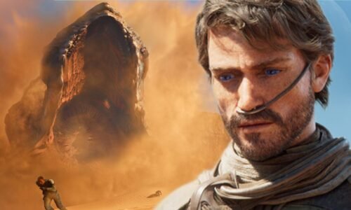 Dune Awakening man standing in front of a very hungry sandworm