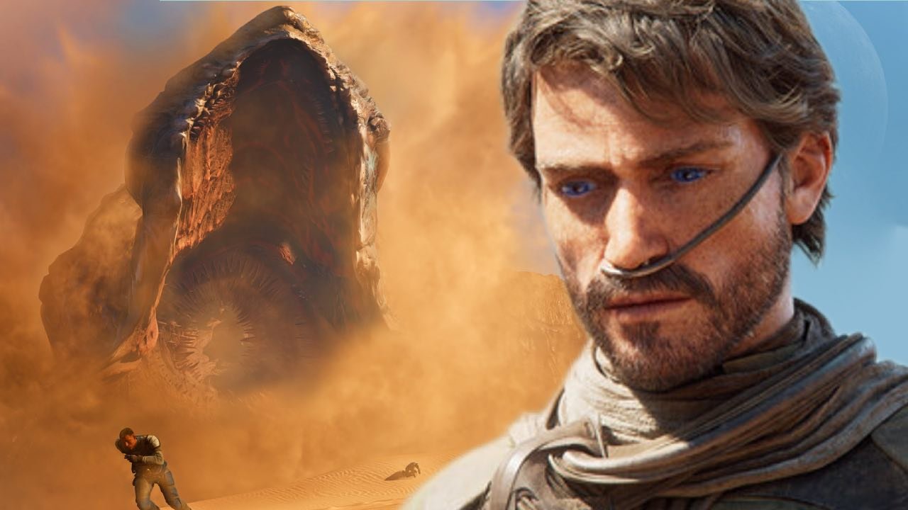 Dune Awakening man standing in front of a very hungry sandworm