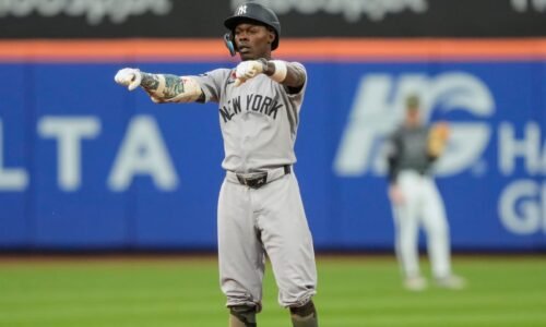 Jazz Chisholm Jr. wearing Giancarlo Stanton's pants