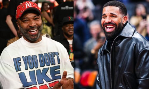Two men smiling: Joe Budden in a red cap and graphic tee, Drake in a black leather jacket.