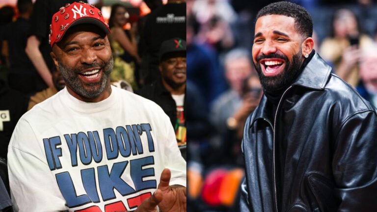 Two men smiling: Joe Budden in a red cap and graphic tee, Drake in a black leather jacket.