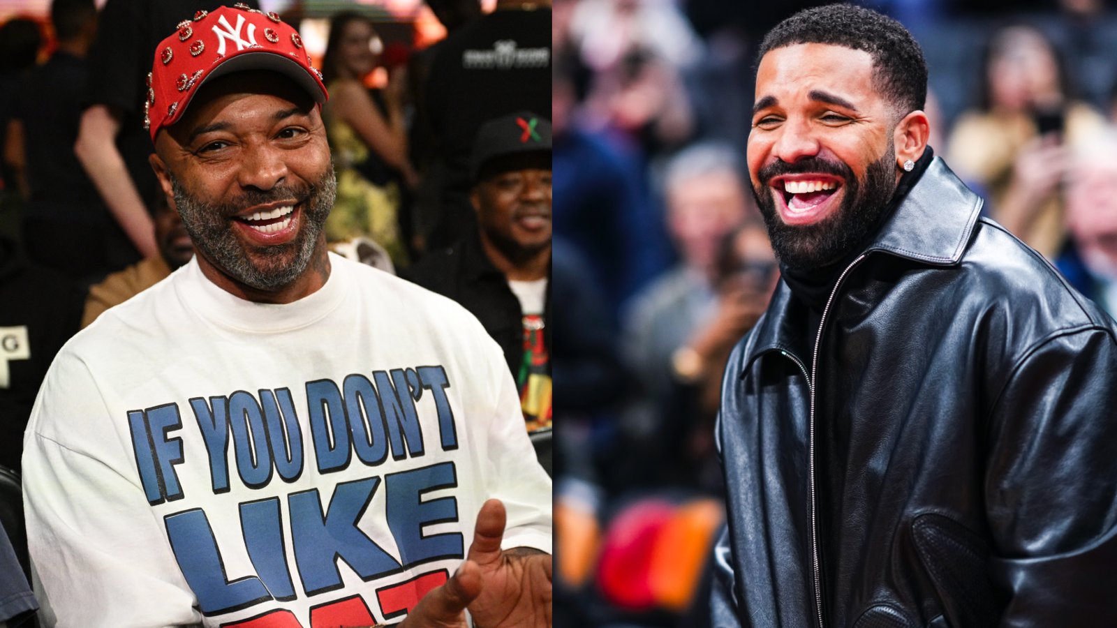 Two men smiling: Joe Budden in a red cap and graphic tee, Drake in a black leather jacket.