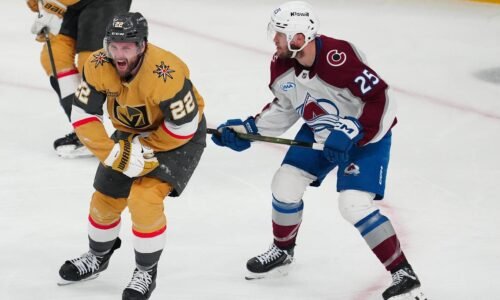 May 24, 2026; Las Vegas, Nevada, USA; Vegas Golden Knights right wing Cole Smith (22) reacts to an injury during the third period against the Colorado Avalanche in game three of the Western Conference Final of the 2026 Stanley Cup Playoffs at T-Mobile Arena. Mandatory Credit: Stephen R. Sylvanie-Imagn Images