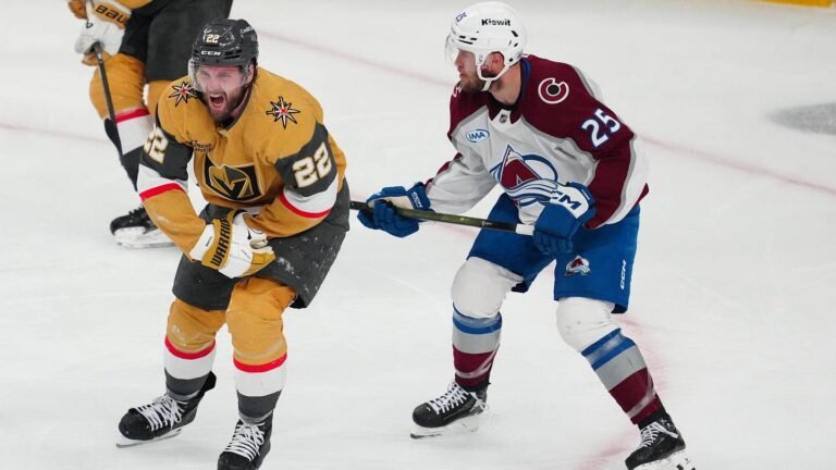 May 24, 2026; Las Vegas, Nevada, USA; Vegas Golden Knights right wing Cole Smith (22) reacts to an injury during the third period against the Colorado Avalanche in game three of the Western Conference Final of the 2026 Stanley Cup Playoffs at T-Mobile Arena. Mandatory Credit: Stephen R. Sylvanie-Imagn Images