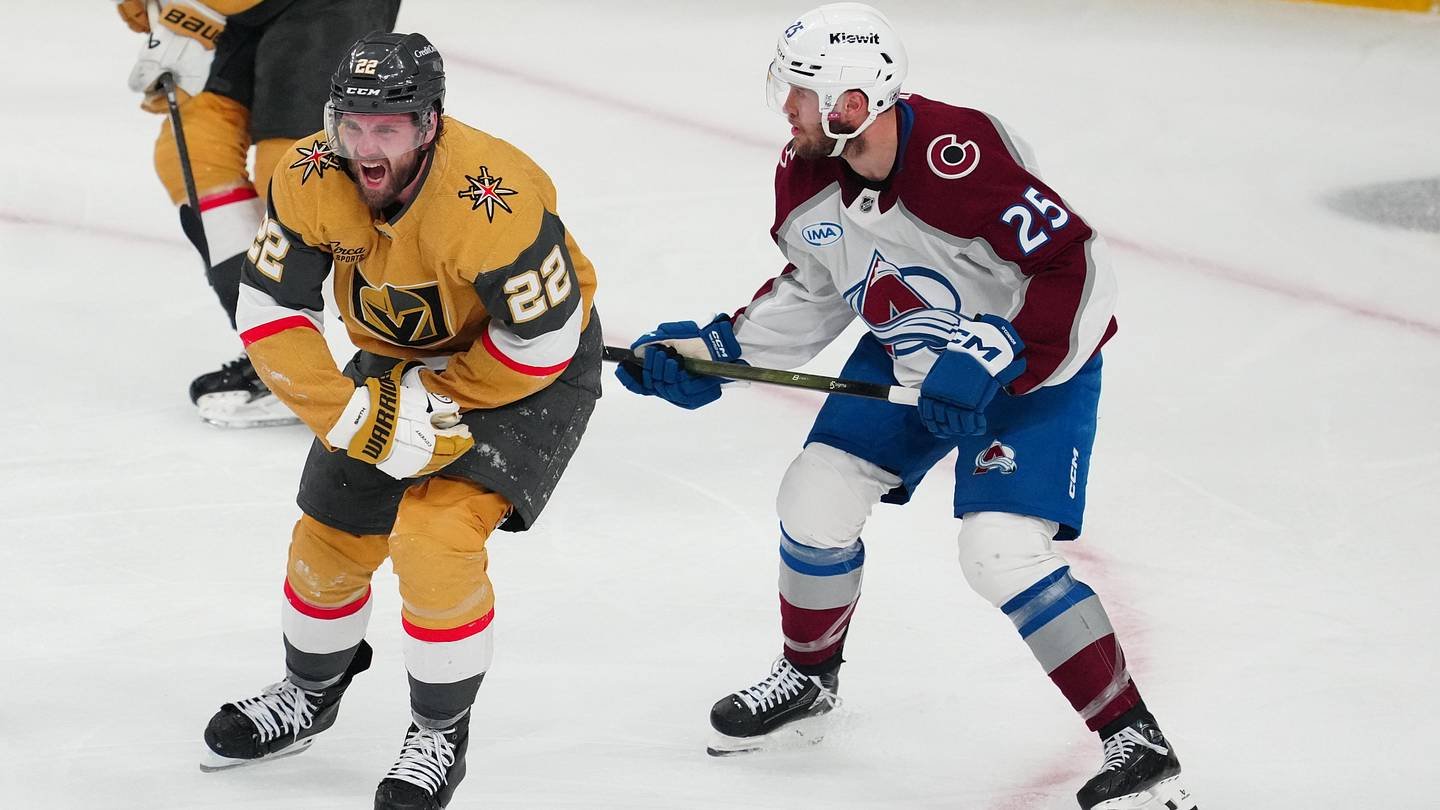 May 24, 2026; Las Vegas, Nevada, USA; Vegas Golden Knights right wing Cole Smith (22) reacts to an injury during the third period against the Colorado Avalanche in game three of the Western Conference Final of the 2026 Stanley Cup Playoffs at T-Mobile Arena. Mandatory Credit: Stephen R. Sylvanie-Imagn Images