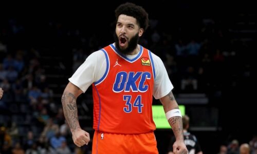 Jan 9, 2026; Memphis, Tennessee, USA; Oklahoma City Thunder guard Kenrich Williams (34) reacts during the fourth quarter against the Memphis Grizzlies at FedExForum. Mandatory Credit: Petre Thomas-Imagn Images