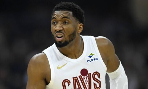 Apr 29, 2026; Cleveland, Ohio, USA; Cleveland Cavaliers guard Donovan Mitchell (45) reacts against the Toronto Raptors in the first quarter of game five of the first round of the 2026 NBA Playoffs at Rocket Arena. Mandatory Credit: David Richard-Imagn Images