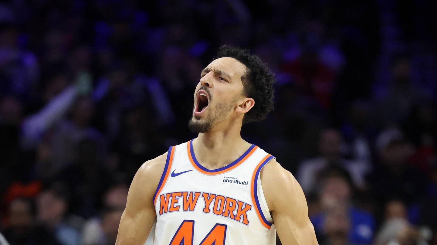 Jan 24, 2026; Philadelphia, Pennsylvania, USA; New York Knicks guard Landry Shamet (44) reacts after a score against the Philadelphia 76ers during the fourth quarter at Xfinity Mobile Arena. Mandatory Credit: Bill Streicher-Imagn Images